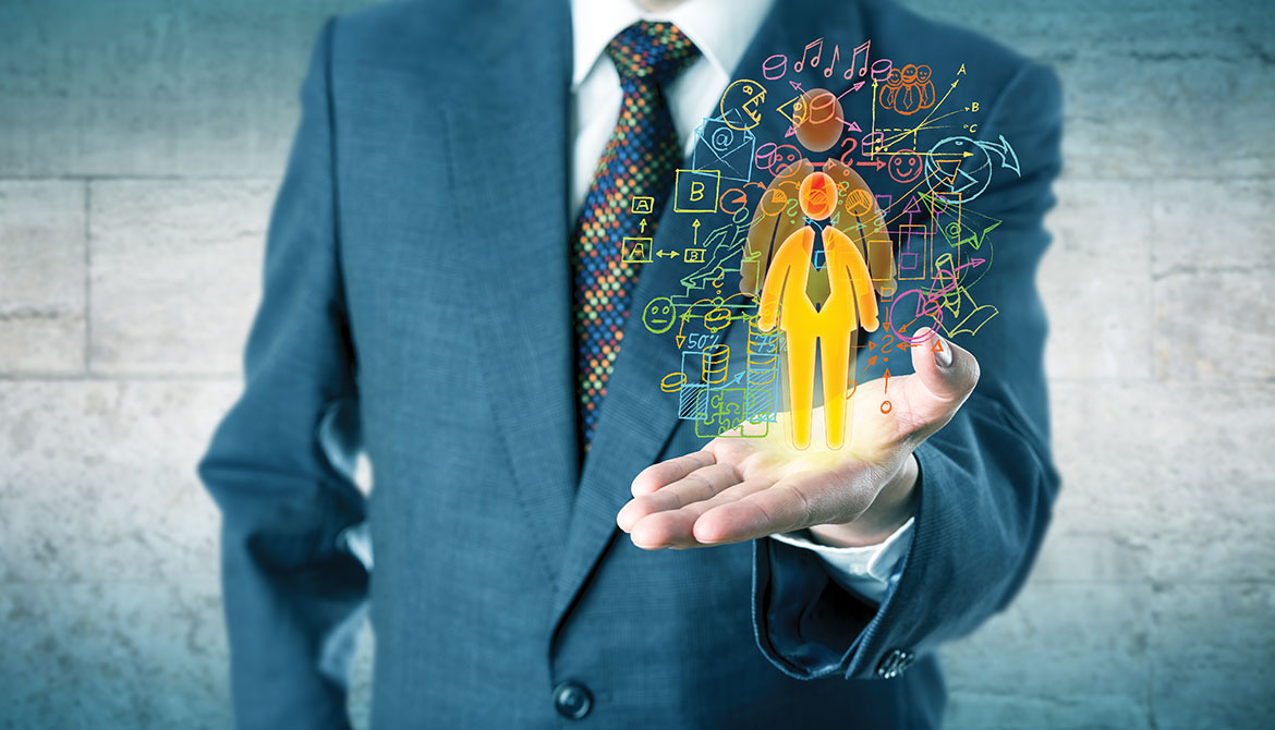businessman holds colorful illustrated person with charts and graphs surrounding