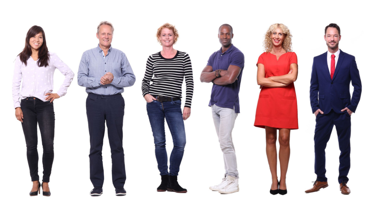 six consumers of different ages and races stand against a white background