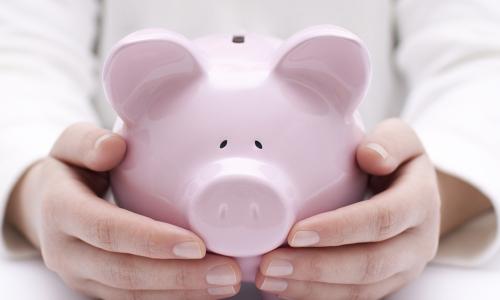 member hands protecting a piggy bank