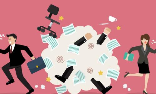 illustration of a distressed businessman and businesswoman running away from a fight in the workplace