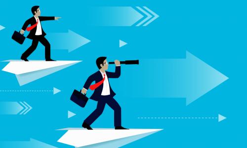 businessmen flying on paper airplanes with telescopes