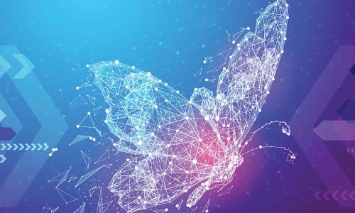 blue and purple digital illustration of a flying butterfly and arrows