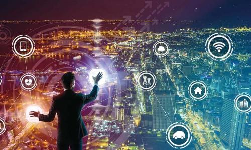 businessman facing away from camera interacts with digital interface representing networks and devices overlaying cityscape