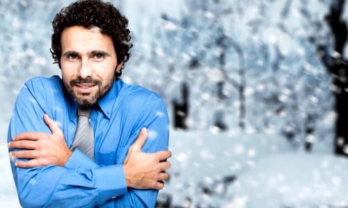businessman freezing in blue shirt outdoors in winter