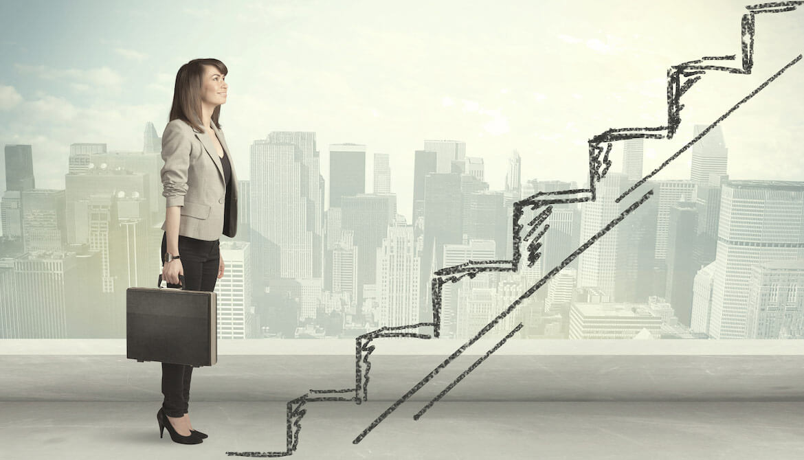 working woman standing in front of stairs drawn in pencil