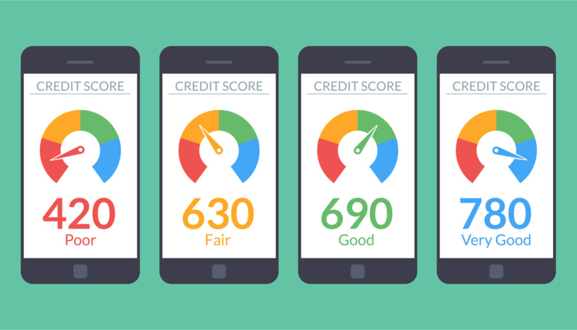 Collection smartphones with credit score app on the screen in flat style 
