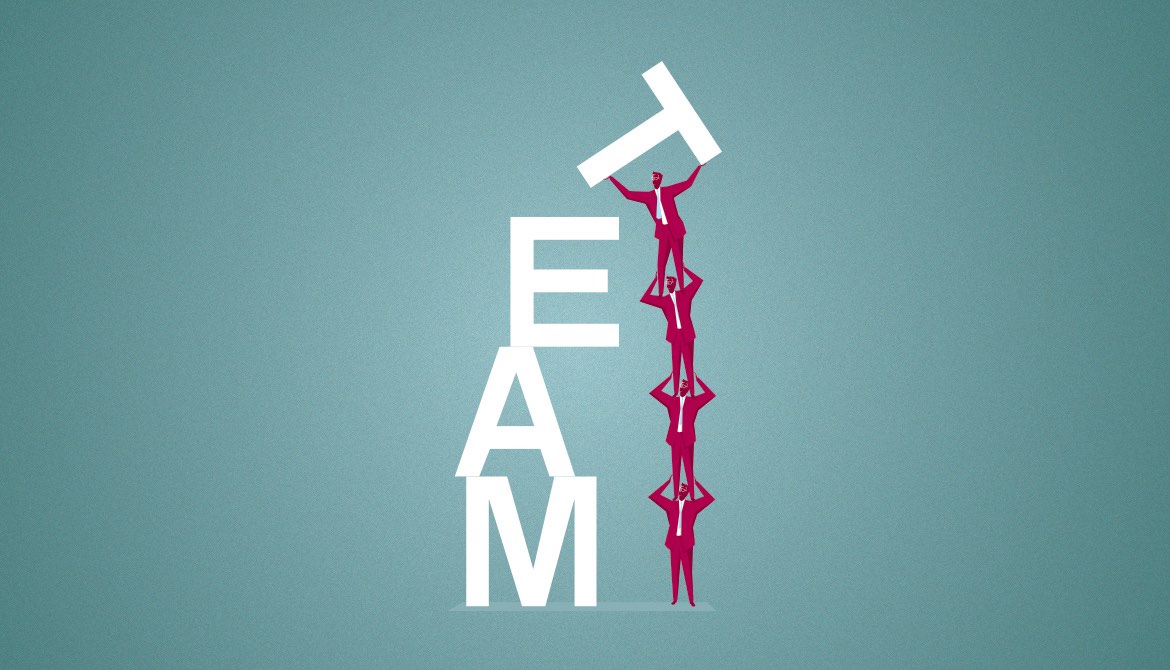 illustration of people forming a human ladder to spell the word TEAM