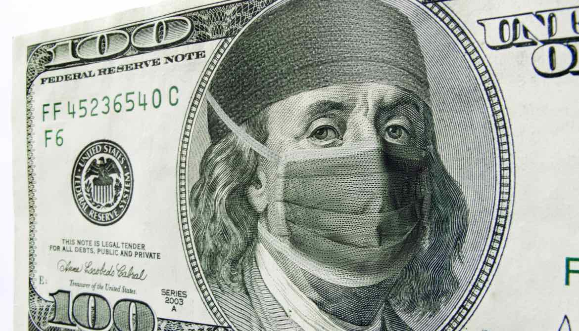 100 dollar bill with Ben Franklin in a surgical mask