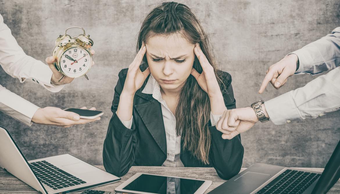 stressed woman surrounded by people handing her cell phone, watch, clock