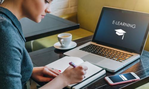 young woman with laptop and notebook