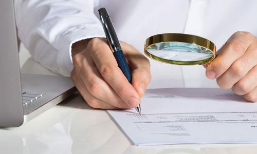 person examining documentation with a brass magnifying glass