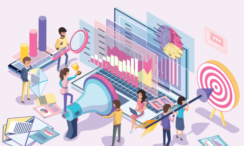 illustration of tiny people using giant digital marketing tools