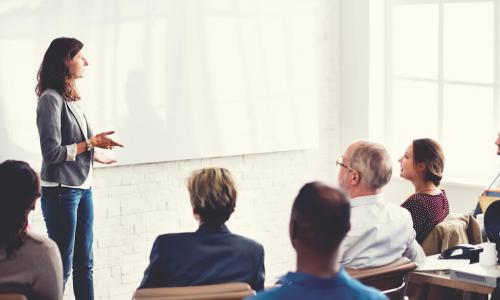 Woman presents in a meeting to a group of employees