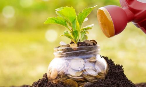 red watering can with jar of money stuck in soil and a plant growing out of it