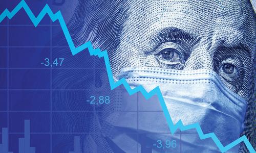 blue image of Benjamin Franklin from a $100 bill wearing a mask overlaid with economic graph trending down