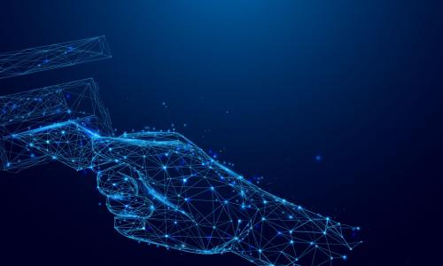 digital connected data points forming image of hand inserting card into ATM slot