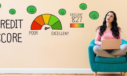 young woman sitting in blue chair ponders illustration of high credit score