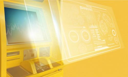 yellow ATM projecting digital holographic online banking data dashboard