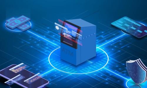 digital illustration of an ATM projecting data and connected in each direction to cash and a smartphone and a debit card and a security shield